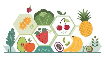 A Vibrant Collection of Fresh Fruits and Vegetables Arranged in a Hexagonal Pattern, Showcasing a Healthy and Nutritious Diet