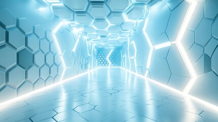 Obraz premium Abstract Futuristic Hexagon Tunnel with Bright Blue Light