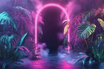 Obraz premium A neon botanical scene with glowing monstera and ferns inside a futuristic arch, with ethereal smoke and a dark, moody background.