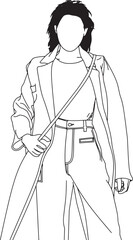 Minimalist line art illustration featuring a fashionable individual dressed in contemporary attire including a jacket and trousers, showcasing modern style and elegance. 