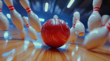 Naklejka premium Close-up of bowling ball striking pins in action in bowling alley