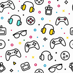 Colorful gaming & media icons seamless pattern background for website design