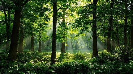 Obraz premium gentle sunlight peeking through lush trees in a quiet green forest