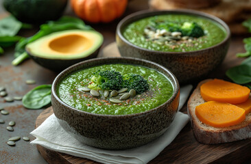 Two bowls of vibrant vegetable soup accompanied by avocado and spinach toasts, arranged on a white wooden table. Sunlight streams in, casting a warm glow, with scattered seeds adding texture 