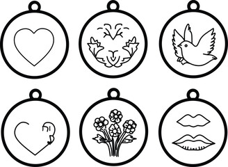 Black and white outline icons featuring hearts, flowers, lips, birds, and symmetrical designs in circular frames.Vector-style illustrations can represent love,nature,romance,and greeting card designs.