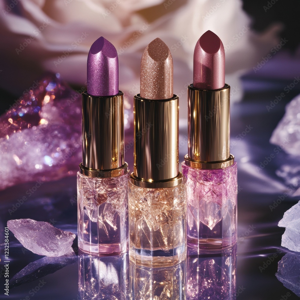Poster three elegant lipsticks displayed on a reflective surface with sparkling crystals and a soft floral 