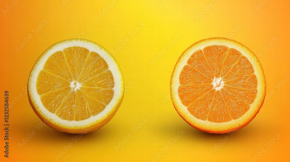 Poster slices of lemon and orange on a vibrant yellow background create a refreshing and colorful fruit dis
