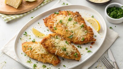 Golden-brown breaded cutlets, seasoned with herbs and cheese, served on a white platter with lemon wedges