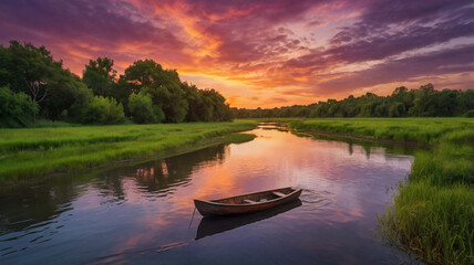 Obraz premium Peaceful Sunset on a Serene River with a Rowboat, ai generated