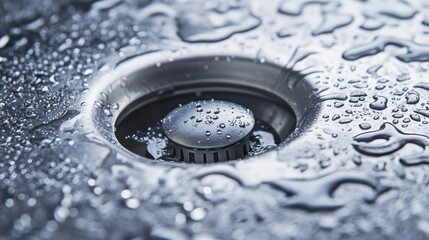 Close-up of a Stainless Steel Kitchen Sink Drain with Water Droplets