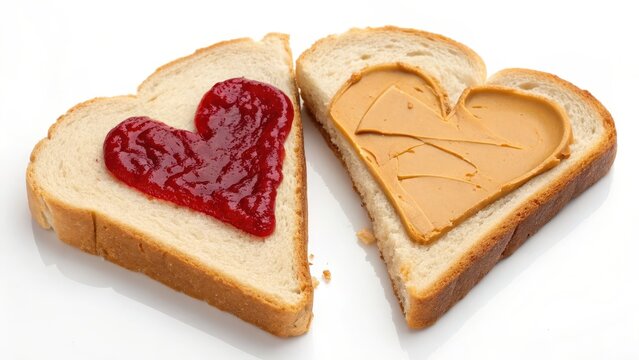 Two Slices of Bread, One with a Heart-Shaped Spread of Jelly, the Other with Peanut Butter Forming a Heart Shape
