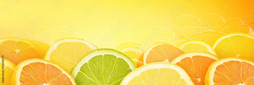 Poster vibrant citrus slices arranged against a soft yellow background reflecting freshness and summer vibe