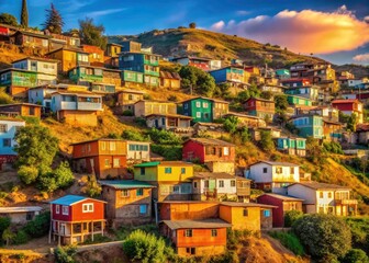 Obraz premium Panoramic Chilean landscape photography captures Tome's hillside; rural housing exposes stark poverty in Biobío's beauty.