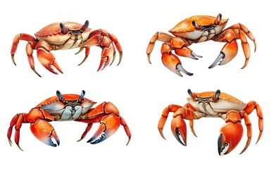 Set of realistic illustrations of crabs various poses and angles, showcasing their vibrant colors. Watercolor clipart, clip art, isolated on white background.
