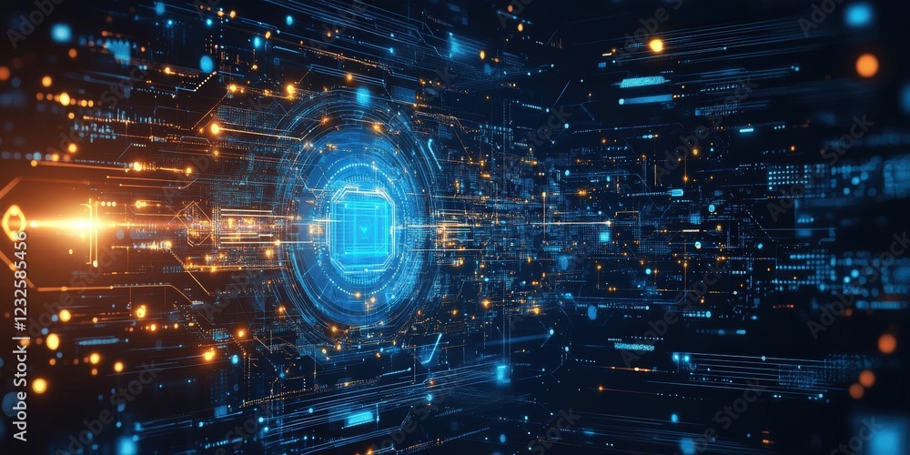 Poster futuristic background with glowing lights and a blue circular shape in a digital environment