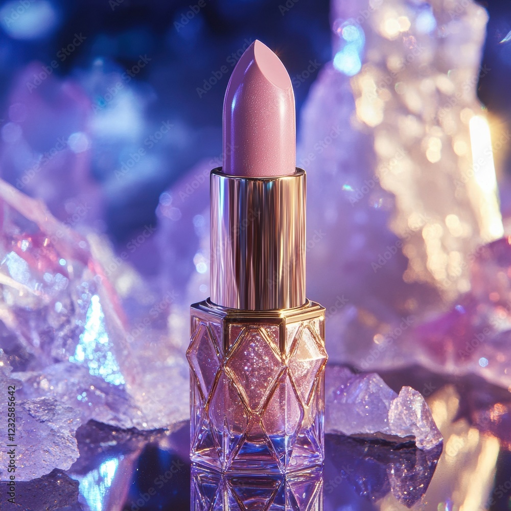 Poster beautiful lipstick on a reflective surface with gemstones creating an enchanting background. generat