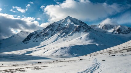 a majestic, snow-covered mountain range under a partly cloudy sky