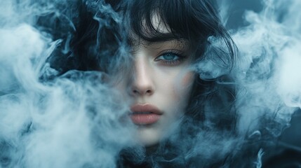 close up of a woman with smoke around her face.
