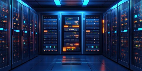 Room filled with multiple computer servers in a data center environment with organized cabling