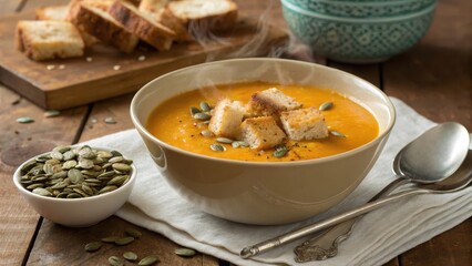 A bowl of warm autumnal soup topped with toasted croutons and pumpkin seeds, served with crusty bread