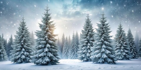 Fototapeta premium Frosty evergreen trees stand tall against a grey January sky, their branches etched in crystal white as snowflakes gently fall on the forest floor, january landscape, winter forest