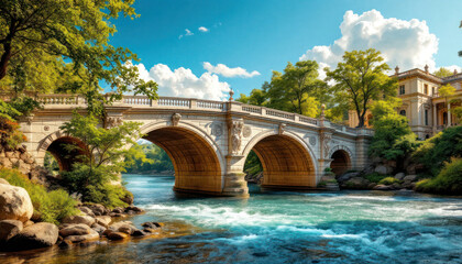 Fototapeta premium Serene Stone Bridge Over Flowing River, Picturesque Mansion in Background, Sunny Day