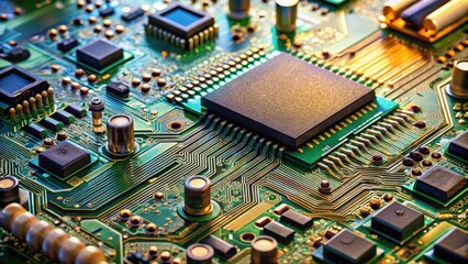 Obraz premium Detailed electronic circuit board with various components and wires in the background