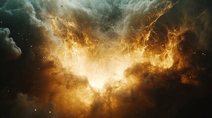 Fototapeta premium A fiery explosion fills the dark sky with an orange and yellow glow.