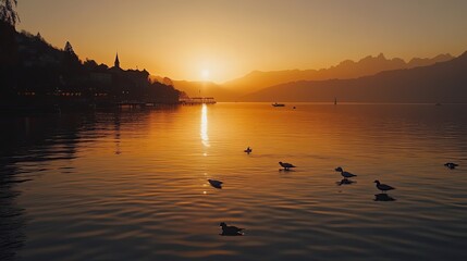 Golden Sunset over Lake with Birds and Mountain Views Creating a Serene Landscape