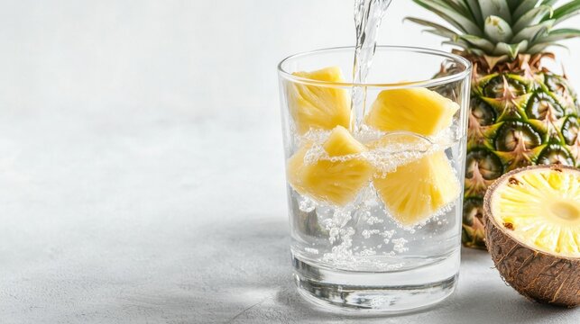 Refreshing Fruits for a Healthy Body. Refreshing drink with pineapple chunks and sparkling water beside a whole pineapple.