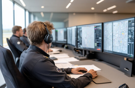 A high-angle shot of a modern air traffic control center with several controllers monitoring flights.

