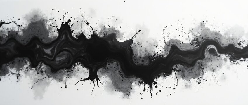 Black alcohol ink paint stroke flowing on white background. Watercolor splash, painting effect. Marble style. Abstract art design. Smoke or marble canvas texture