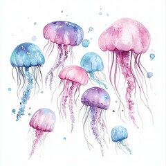 Soft and Graceful Jellyfish in Watercolor, Floating Gently on a Minimalistic White Background