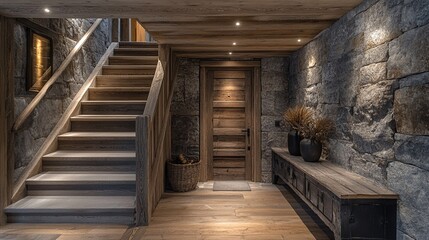 Obraz premium stairs leading to a rustic wooden door and stone wall.