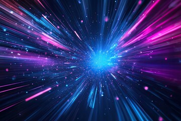 Abstract background in blue and purple neon glow colors on black. Speed of light in the galaxy