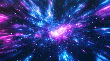 Obraz premium Abstract background in blue and purple neon glow colors on black. Speed of light in the galaxy