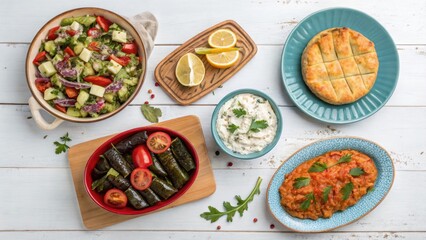 Mediterranean Cuisine A Table of Delicious Dishes Featuring Fresh Vegetables, Herbs, and Savory Baked Goods