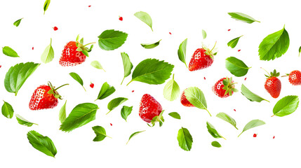 Falling juicy strawberries with green leaves, isolated on a white background.