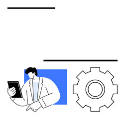 Person holding a tablet with a blue background beside a gear icon. Represents teamwork, strategy, innovation, technology, problem-solving, productivity, and process optimization. Abstract line flat