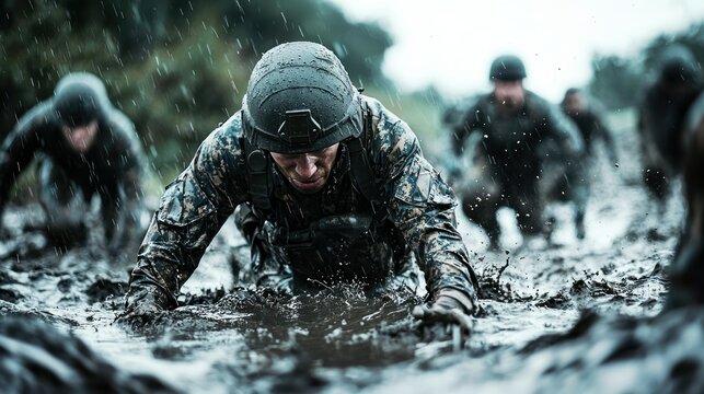 Military personnel participating in a grueling obstacle course, pushing their endurance limits in a tactical training exercise.