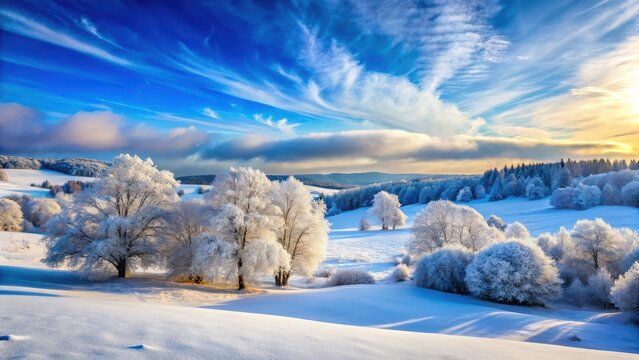 Serene winter landscape with snow-covered trees and rolling hills, set against a bright blue sky with fluffy white clouds , snowy landscape, serene nature