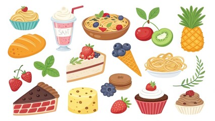 A Delightful Collection of Sweet and Savory Food Items, Including Cakes, Pastries, Fruits, and Pasta Dishes