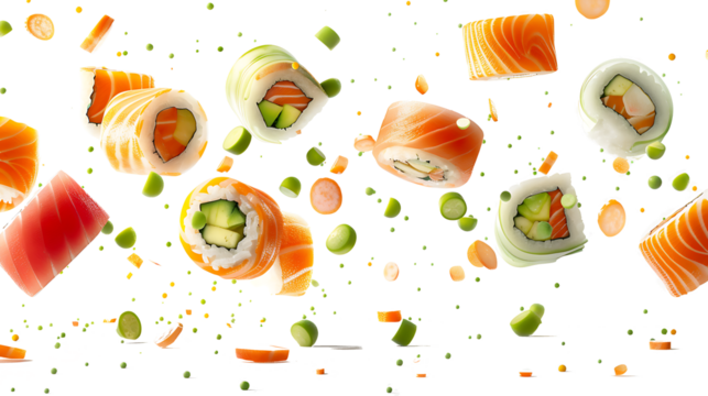 Falling sushi rolls with vibrant fillings, isolated on a white background