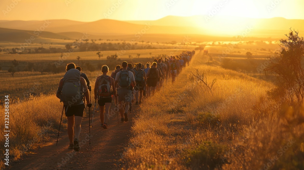 Poster a group of people walking on a long trail as part of an endurance walking event, showing determinati