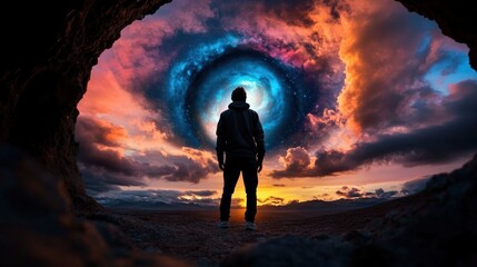 Fototapeta premium A silhouetted figure stands at the edge of a cosmic landscape, surrounded by swirling galaxies and vibrant colors, capturing the essence of curiosity and the mysteries of the universe.
