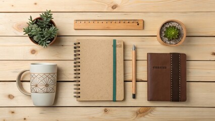 Flatlay showcasing a workspace with a notebook, pen, ruler, mug, and succulents on a wooden surface