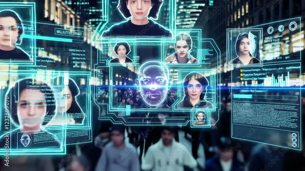 Poster Advanced facial recognition software identifies and analyzes individuals within a bustling urban environment, displaying personal data and potential matches in real time