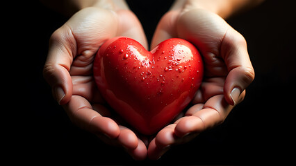 Obraz premium Hands Holding a Glossy Red Heart with Water Droplets
