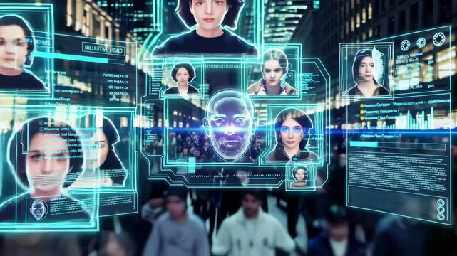 Advanced facial recognition software identifies and analyzes individuals within a bustling urban environment, displaying personal data and potential matches in real time