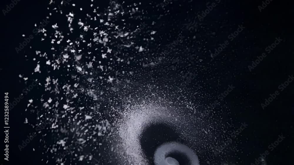 Poster white powder is blown from the bottom right of the frame, creating a spiral shape against a black ba